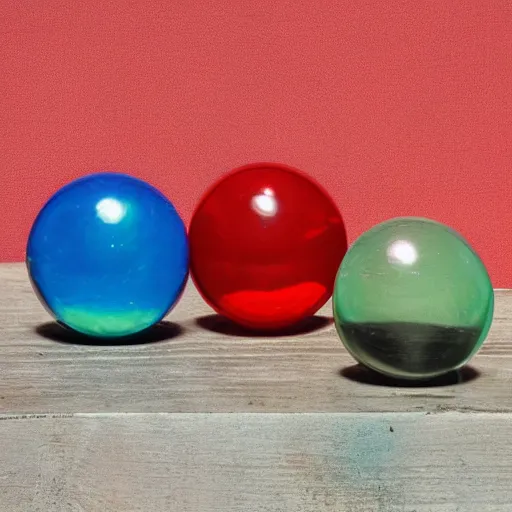 Prompt: opalescent glass spheres on a red cube