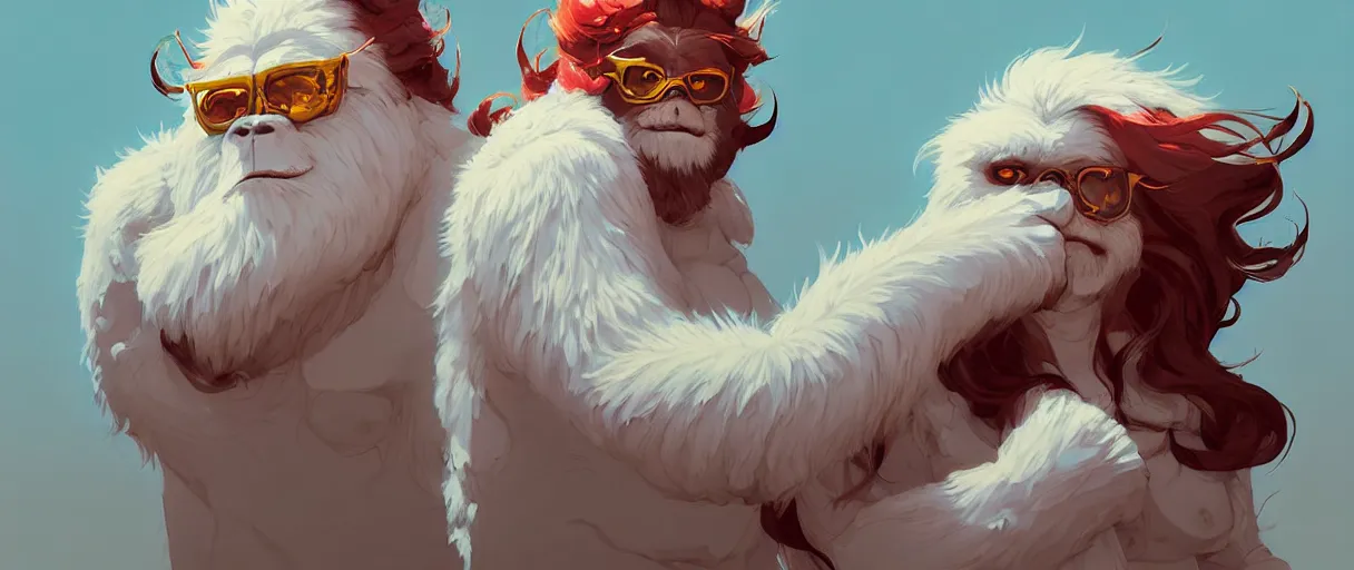 Image similar to beautiful artistic - wave highly detailed portrait of yeti and bigfoot, with kitsune mask, long red hair, by atey ghailan, by greg rutkowski, by greg tocchini, by james gilleard, by joe fenton, by kaethe butcher, dynamic lighting, gradient light blue, brown, blonde cream and white color scheme, grunge aesthetic