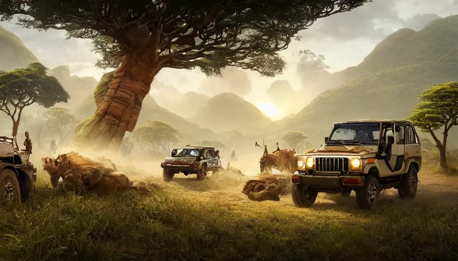 Prompt: mahindra thar driving through madagascar with baobabs trees, tribe members chasing for an attach, action scene, an epic fantasy, artgerm and greg rutkowski and alphonse mucha, an epic fantasy, volumetric light, detailed, establishing shot, an epic fantasy, trending on art station, octane render, midsommar