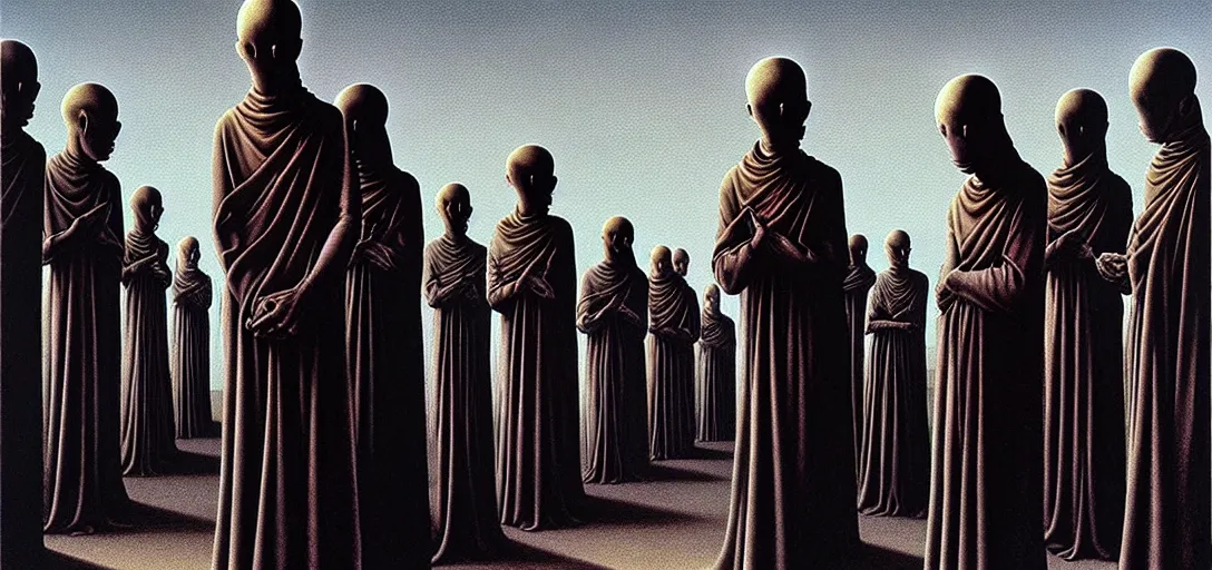 Prompt: dystopian surreal painting alien monks praying to a single eerie head statue surrounded by uneven buildings, artstyle by zdzisław beksinski and caravaggio