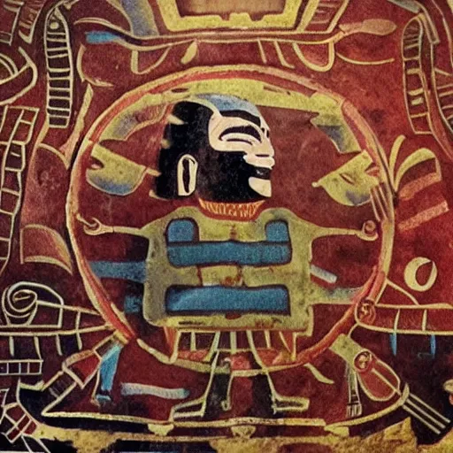 Prompt: mayan fresco of dan akroyd piloting a ufo, national geographic