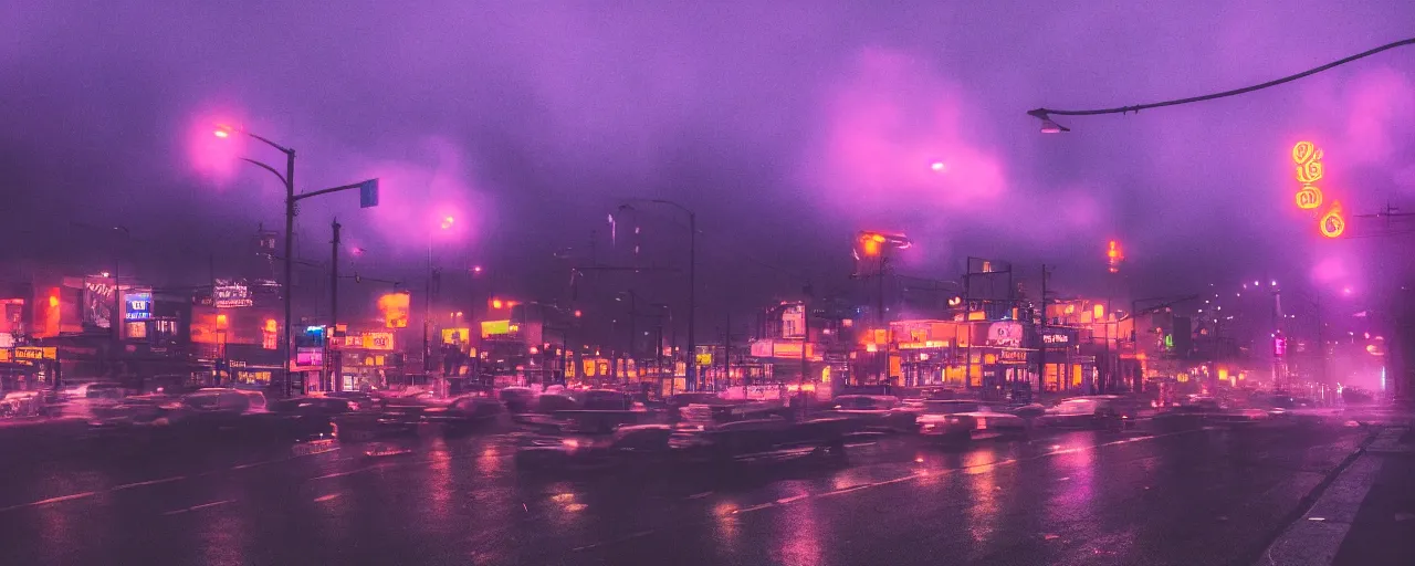 Prompt: a rainy Seattle, fog surrounding the streets, midnight, neon lights, cinematic lighting, cineovision, purple clouds surrounding the dark sky