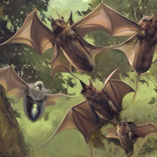 Image similar to a highly detailed beautiful portrait of newly evolved terrestrial bats, speculative evolution, english countryside, by gregory manchess, james gurney, james jean