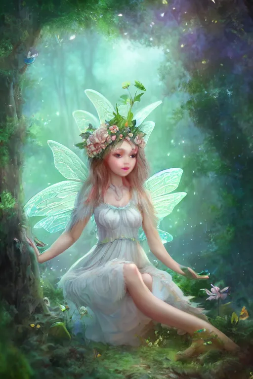 Image similar to a cute and geogerous fairy in the dreamy forest, fantasy, dreamlike, 8 k resolution, hyper detailed, d & d, character design, digital painting, trending on artstation, sharp focus, illustration, art by viktoria gavrilenko, hoang lap, fuji choko, steve zheng,