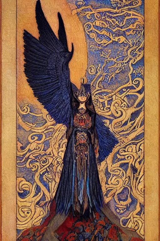 Image similar to dream of the raven king, by Annie Swynnerton and jean delville and Nicholas Roerich, embroidered brocade, tattoos, elaborate costume, geometric ornament, symbolist, rich colors, dramatic lighting, smooth, sharp focus, extremely detailed