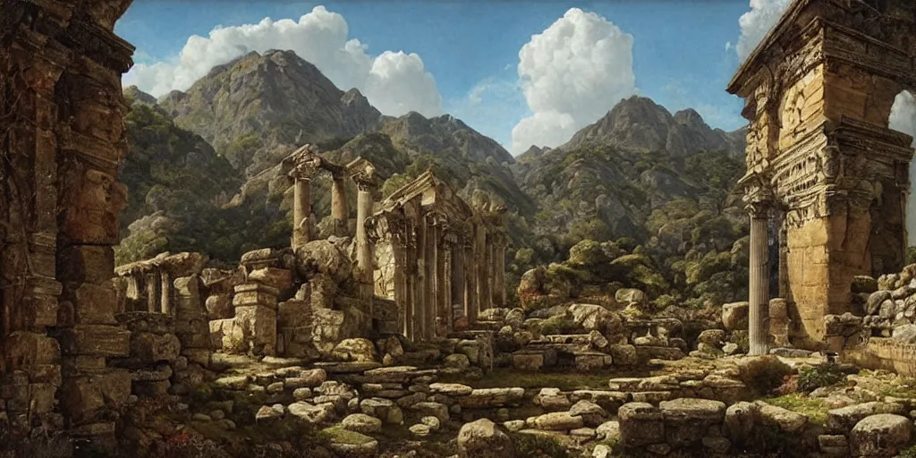 Prompt: roman ruins in mountains by ferdinand knab,