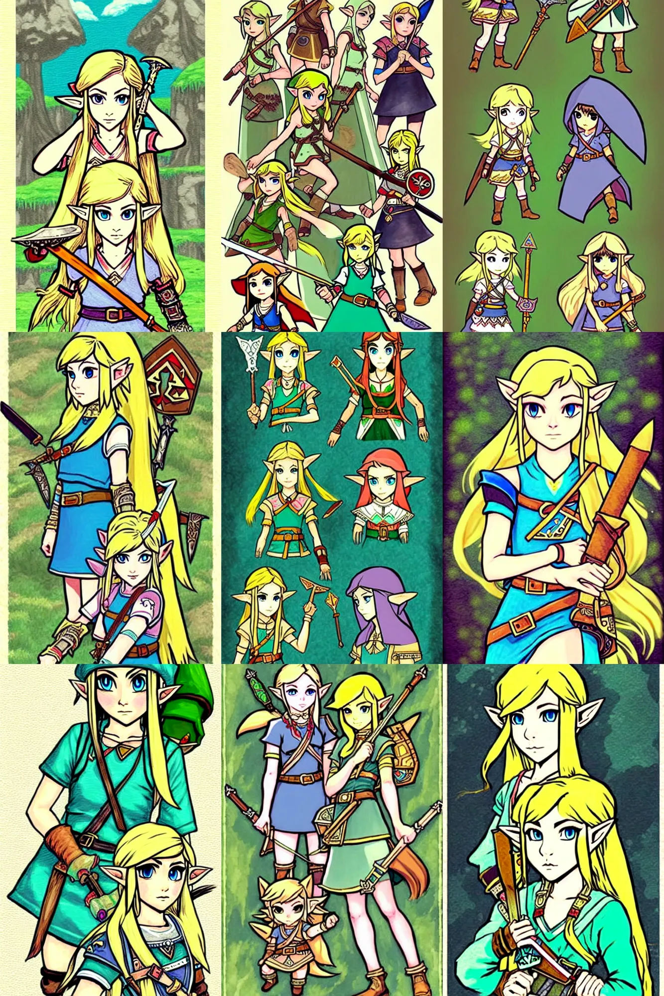 Prompt: girls in the legend of zelda in the style of an illustrated book.!!!!!!!!!!!!!!!!!!!!!!!!!!!