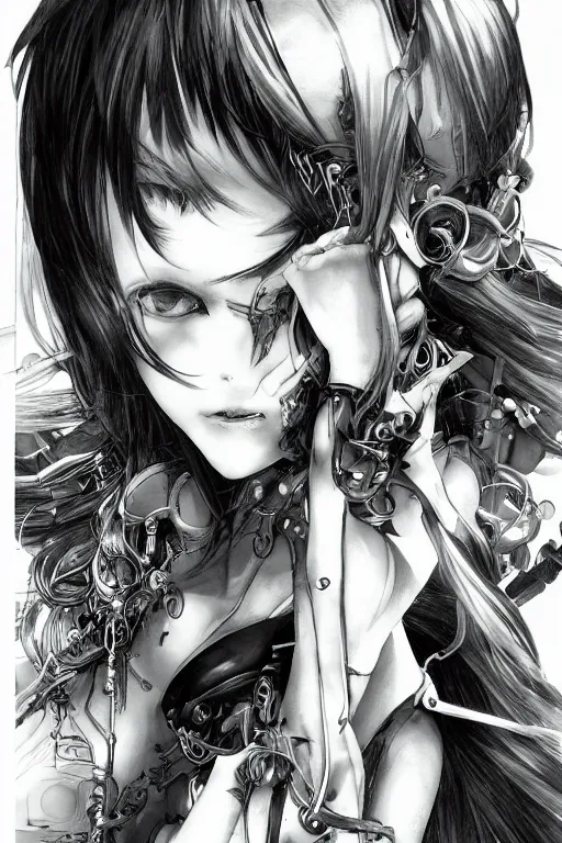 Image similar to a vertical portrait of a character in a scenic environment by Yoshitaka Amano, black and white, dreamy, cybernetic suit, wavy long black hair, highly detailed