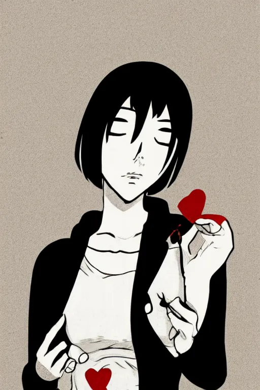 Image similar to portrait of a girl in long pants and a top, hands in pockets, eyes closed, red color heart shaped tattoo on the right hand, bob haircut, digital art, black and white, minimalistic illustration by junji ito and kaoru mori