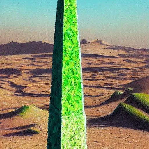 Image similar to A very highly detailed oil painting by Greg Rutkowski of a tall green obelisk made of crystals, glowing bright green in the middle of a very sandy desert.