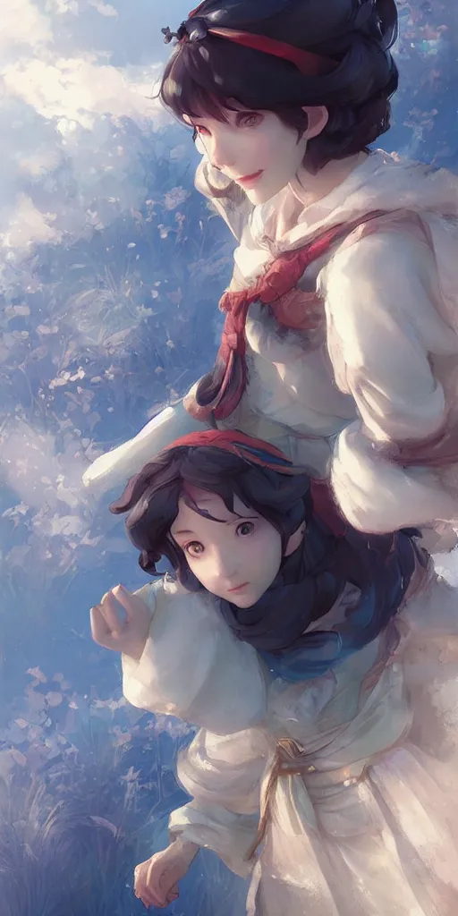 Prompt: still from snow white if made by krenz cushart and wenjun lin, portrait, illustration, rim light, top light, summer clear blue sky, perfectly shaded, soft painting, epic, intricate, art