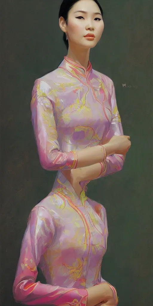 Image similar to yanjun cheng portrait of a beautiful vietnamese woman wearing vietnamese ao dai, intricate, detailed, symmetric face, by wlop and karol bak