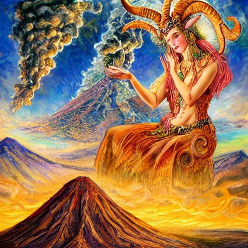 Image similar to painting by senior concept artist josephine wall, horned ram goddess, checking her cell phone, erupting volcano and sunset in distance in background, flowers in foreground, zodiac, fantasy acrylic on canvas, intricately detailed, highly detailed, high resolution, hdr, 8 k, trending on artstation