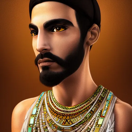 Prompt: detailed portrait of aloof handsome ancient egyptian prince, 4 k, cgsociety, beautiful gazing eyes, symmetrical face