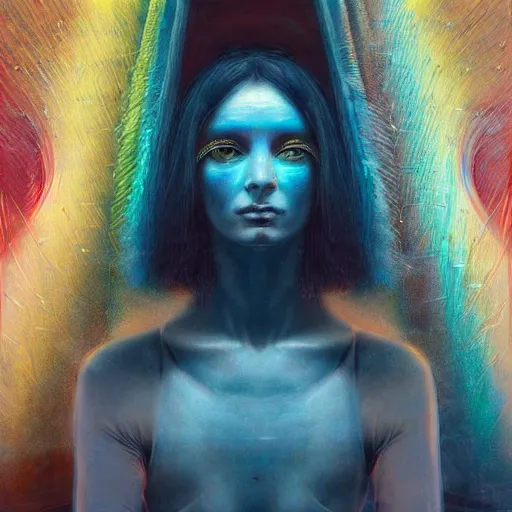 Image similar to painting of a close - up on the face of a cyberpunk girl, into a trance and closed eyes, connected by cables in her head, in the style of agostino arrivabene, renaissance, dark, surrealism, low contrast, blue, red, pink, cyan, sacred geometry, intricate