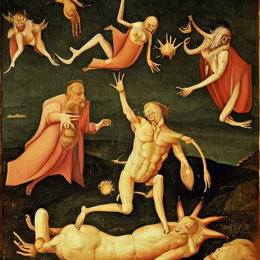 Image similar to beautiful painting of eldricht zooplancton monsters orbiting around the psyche of a sleeping man in the style of Hyeronimus Bosch