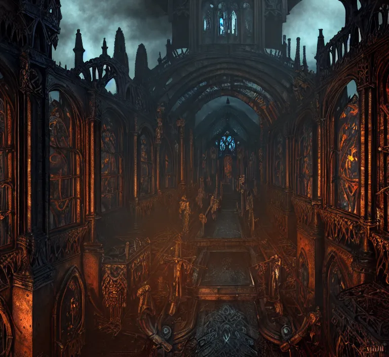 Image similar to steam necropolis, memento mori, gothic, neo - gothic, art nouveau, hyperdetailed copper patina medieval icon, stefan morrell, philippe druillet, ralph mcquarrie, concept art, steampunk, unreal engine, detailed intricate environment, octane render, moody atmospherics, volumetric lighting, ultrasharp, ominous, otherworldly