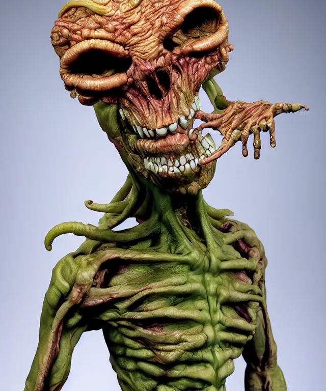 Image similar to hyperrealistic rendering, cronenberg flesh monster skeletor by art of skinner and richard corben and jeff easley, product photography, action figure, sofubi, studio lighting, colored gels