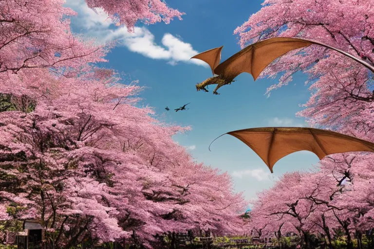 Prompt: a full body dragon flying in the sky of the japanese countryside town in a summer afternoon, quiet, leisure, cherry blossoms on the full sky