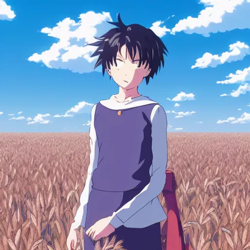 Image similar to anime, sharp focus, breath taking beautiful, Aesthetically pleasing, field of grain at golden hour, digital concept art by Hayao Miyazaki and Akira Toriyama and Makoto Shinkai and Studio Ghibli, fine art, official media, high definition, illustration, ambient lighting, HDR, HD, 8K, award winning, trending, featured, masterful, dynamic, energetic, lively, elegant, intricate, complex, highly detailed, Richly textured, Rich vivid Color, masterpiece.