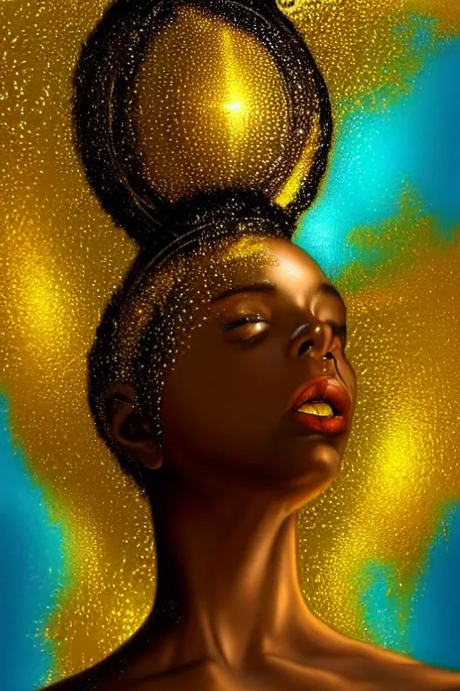 Image similar to hyperrealistic post - futurist cinematic very expressive! profile black oshun goddess, in water!! up to shoulders, mirror dripping droplet!, gold flowers, highly detailed face, digital art masterpiece, smooth eric zener cam de leon, dynamic pearlescent turquoise light, low angle uhd 8 k, sharp focus