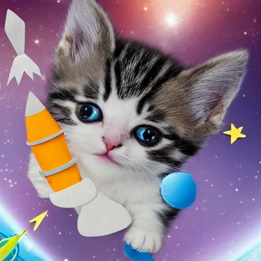 Image similar to a cute kitten riding on a rocket in space