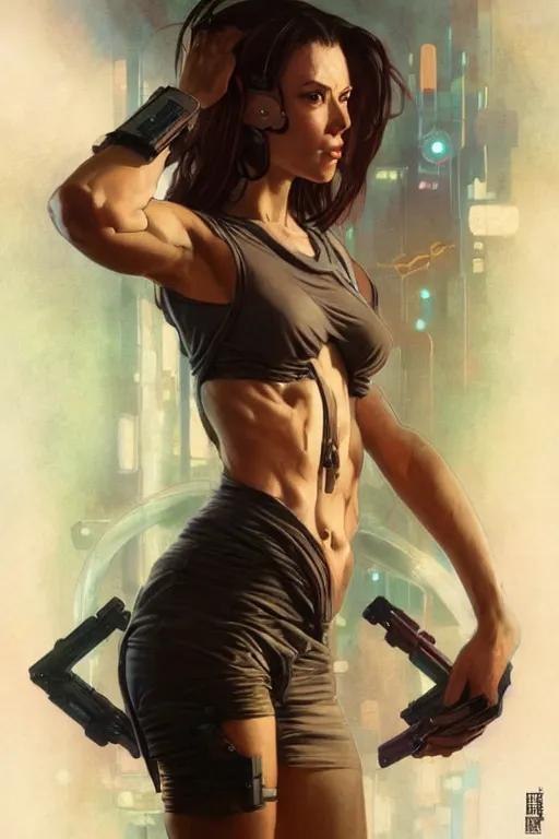 Image similar to full body portrait, thin muscular cyberpunk woman, 6 pack ab, symmetrical beautiful face by stanley artgerm lau, greg rutkowski, thomas kindkade, alphonse mucha, loish, norman rockwell ross tran