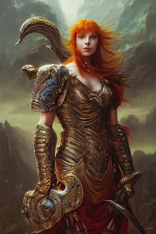 Image similar to beautiful female warrior, half body portrait, ginger hair, ornate armour, in a dynamic pose, realistic oil painting by Thomas Cole and Wayne Barlowe