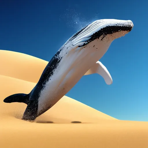 Prompt: a magic whale jumping out of the sand majestically, realistic, 4 k