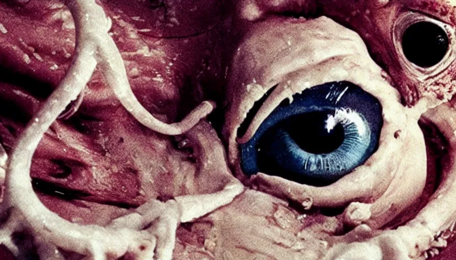 Prompt: Big budget horror movie about a cyborg doing an autopsy on a giant squid's eyeball