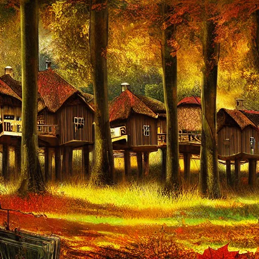 Image similar to a village full of tree houses nestled in a forest, golden hour, autumn leaves, realistic high quality art digital art