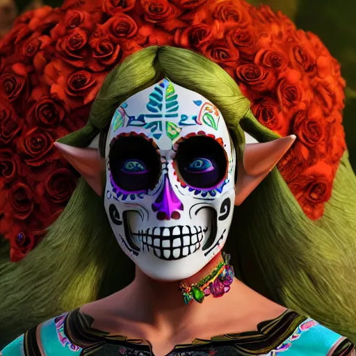 Image similar to link zelda wearing dia de los muertos mask, skulls and flowers, with aztec feathered garments sigma 7 5 mm photo realism, ultra realistic, 8 k resolution, octane render, 3 d render, unreal engine surreal