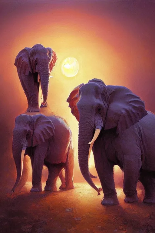 Image similar to spiritual twin flame elephant art, sunset hue, highly detailed, oil painting hue, by craig mullins