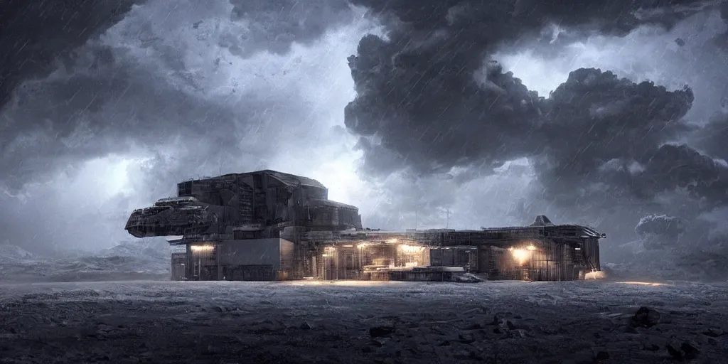 Image similar to hadley's hope base from movie aliens on lv 4 2 6 in the middle of the storm, atmosphere processor in the background, night, photorealistic, highly detailed, wide angle