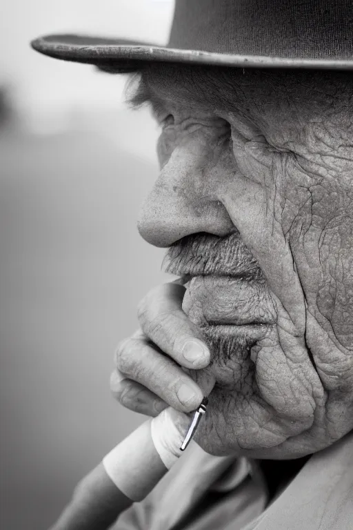 Image similar to sepia close up photograph of an old man with a worn face and trilby smoking a cigarette staring sadly into the camera, Nikon 50mm f/1.8G, award winning, detailed, 4K