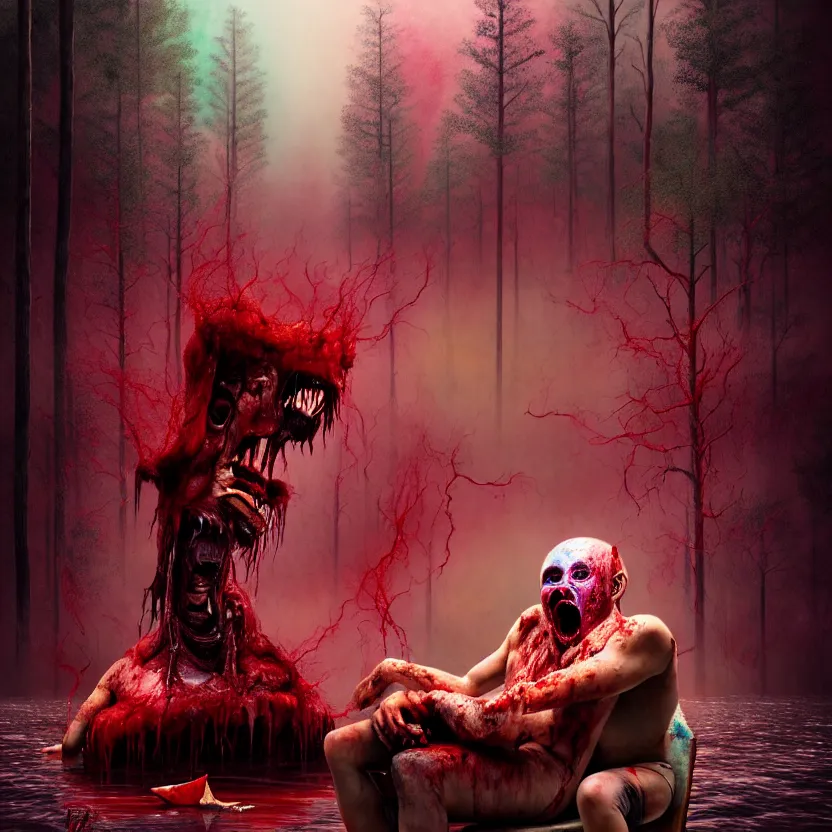 Prompt: a portrait of a beautiful flesh - eating timikawa with rainbow fur eating a screaming man, sitting on chair made of human limbs, the chair is floating in a lake of blood, surrounding the lake are melting trees, digital art, hyperrealistic nightmare scene, supernatural, highly detailed, creepy, terrifying