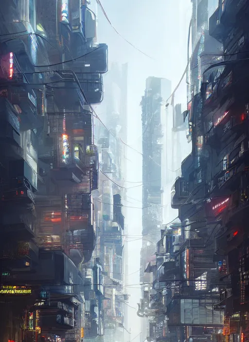 Image similar to a city street filled with lots of tall buildings, cyberpunk art by senior environment artist, trending on cgsociety, panfuturism, concept art, reimagined by industrial light and magic, dystopian art