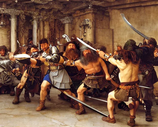 Prompt: a group of dwarves hammering a sword, key lighting, soft lights, by steve hanks, by edgar maxence, by caravaggio, by michael whelan, by delacroix, by serov valentin, by tarkovsky, 8 k render, detailed, oil on canvas