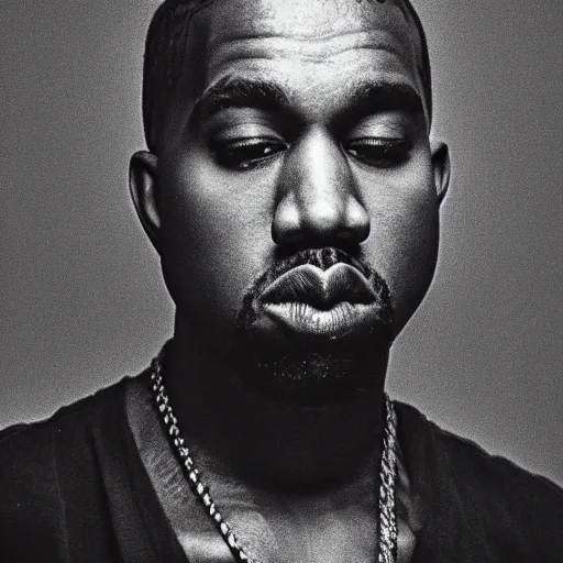 Image similar to the face of young kanye west wearing yeezy clothing at 2 4 years old, black and white portrait by julia cameron, chiaroscuro lighting, shallow depth of field, 8 0 mm, f 1. 8