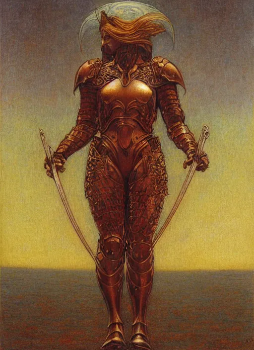 Image similar to malenia from elden ring drawn by jean delville, armor, red hair, full body portrait, icarus helmet