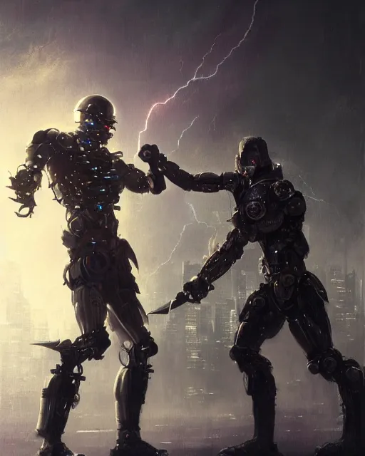 Prompt: highly detailed portrait of barbarians fist bumping in front of swords, lightning in background, cybernetic enhancements as seen from a distance, scifi character portrait by greg rutkowski, esuthio, craig mullins, 1 / 4 headshot, cinematic lighting, dystopian scifi gear, gloomy, profile picture, mechanical, half robot, implants, solarpunk
