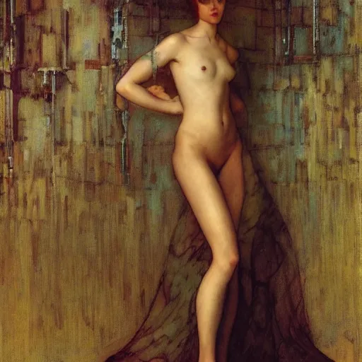 Image similar to masterpiece full body portrait of a beautiful woman with a perfect body wearing silk slip in a dungeon setting, by Edgar Maxence and Ross Tran and Michael Whelan and Gustav Klimpt