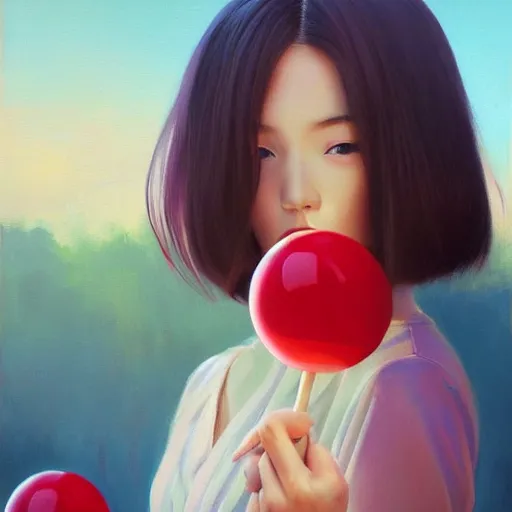 Prompt: oil painting by ilya kuvshinov,, baugh casey, rhads, coby whitmore, of a youthful japanese beauty, long hair, holding lolipop, outdoors, highly detailed, breathtaking face, studio photography, dawn, intense subsurface scattering, blush, supple look, innocence, intense sunlight