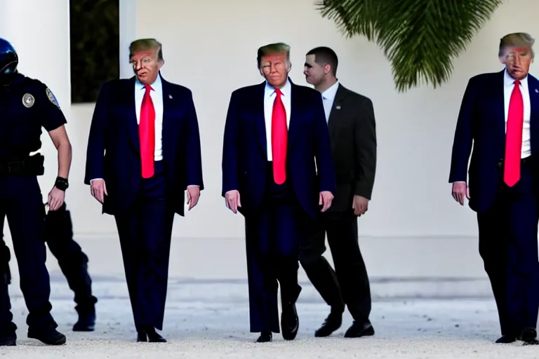 Image similar to Donald Trump in handcuffs escorted by two FBI agents at Mar-a-lago, photo