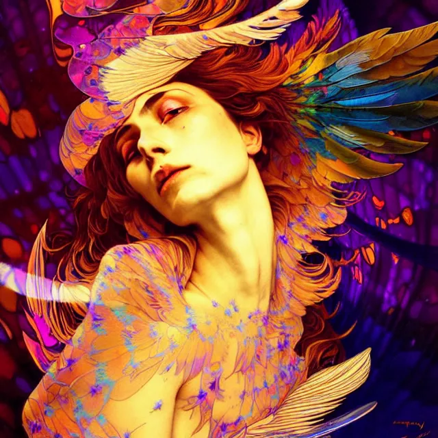 Image similar to psychedelic transcendent feather mind bending psychedelic wings of glossy liquid honey flowing like kaleidoscopic translucent holograph, lsd feathers, honey wind, enlightenment, high contrast dappled lighting, refracted sunset, highly detailed, concept art, art by collier, albert aublet, krenz cushart, artem demura, alphonse mucha