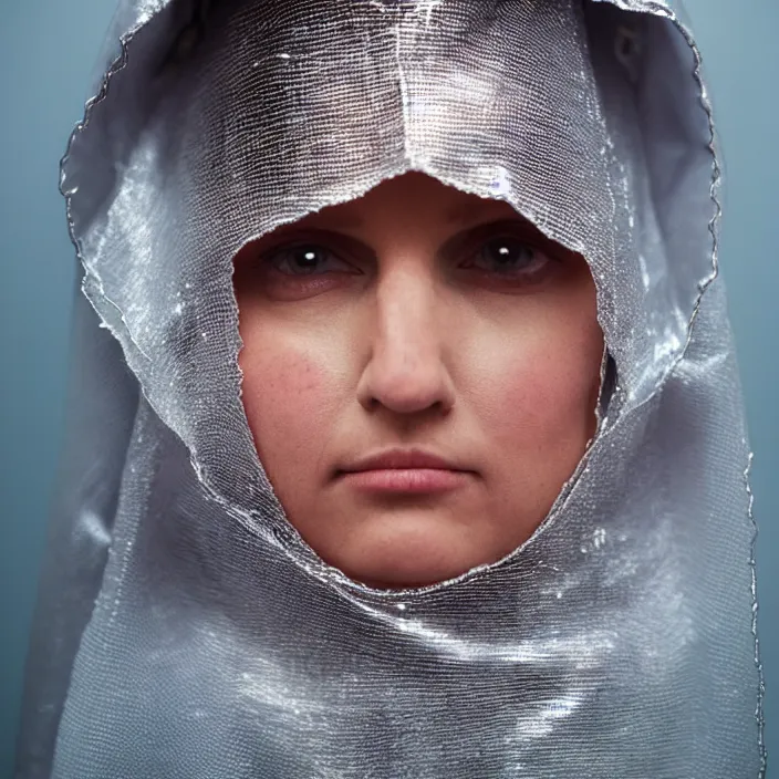 Image similar to a closeup portrait of a woman wearing a hood made of wire and plastic, in a laundry mat, color photograph, by vincent desiderio, canon eos c 3 0 0, ƒ 1. 8, 3 5 mm, 8 k, medium - format print