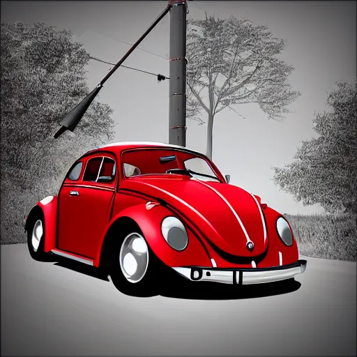 Prompt: red beetle car on top of a tall pole, digital art, photorealistic