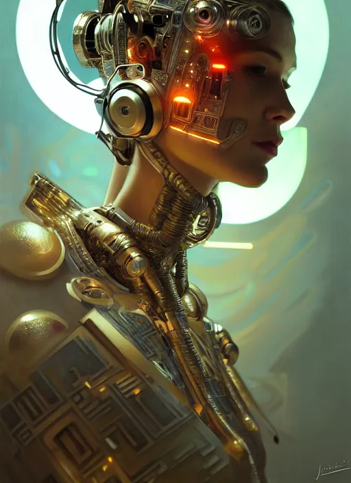 Image similar to cyborg DJ mox on stage , diffuse lighting, fantasy, intricate, elegant, highly detailed, lifelike, photorealistic, digital painting, artstation, illustration, concept art, smooth, sharp focus, art by John Collier and Albert Aublet and Krenz Cushart and Artem Demura and Alphonse Mucha