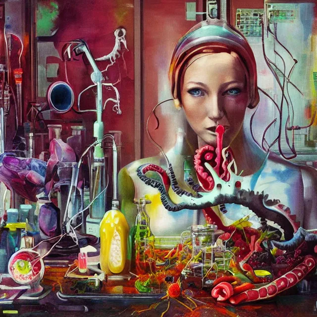 Prompt: female android in her apartment, surgical equipment, giant octopus, dinosaur bones, raw pork, berry juice drips, pancakes, berries, peppercorns scientific glassware with plant roots, art supplies, candles dripping wax, neo - impressionist surrealism, acrylic and spray paint and oilstick on canvas