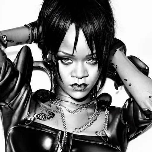 Image similar to detailed rihanna portrait black leather gantz clothes by shunya yamashita